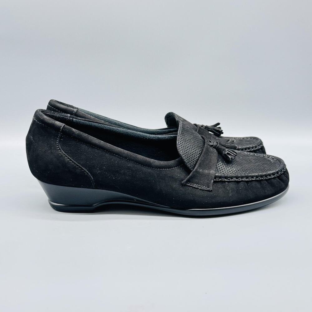 SAS Shoes Womens 9.5 Black Suede Loafer Taylor Onyx Wedge Tassel Comfort USA